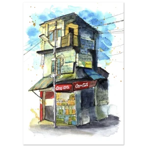 Tienda en Daramshala, India. Tinta y acuarela (line and wash)