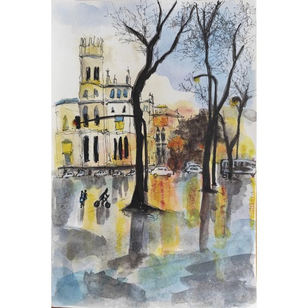 Plaza de Cibeles un anochecer lluvioso. Madrid
